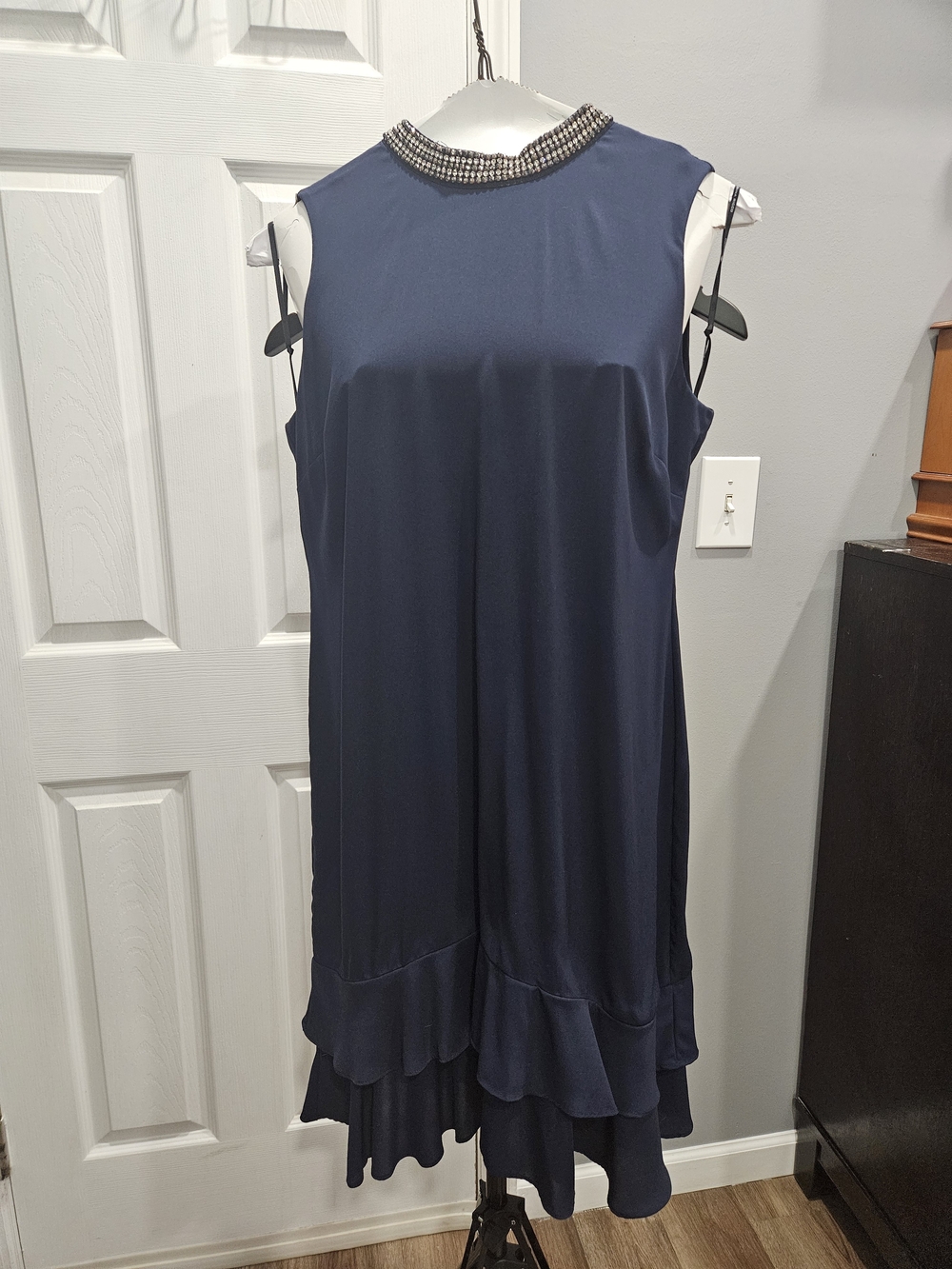Donna Ricco Navy Sleeveless Midi Dress with Beaded Collar